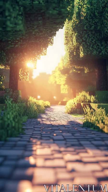 Golden pixel forest path glows softly in gentle morning light