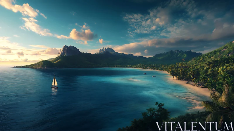 Sailboat glides along a tranquil tropical bay at golden hour