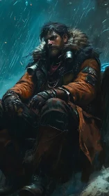 Digital painting of a rugged post-apocalyptic wanderer in storm.