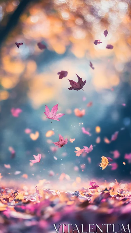 Autumn maple leaves falling over forest ground in bokeh light.