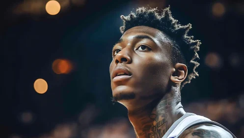 Close-up courtside portrait of focused basketball player at night