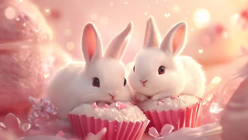 Pastel cupcake bunnies in dreamy pink dessert wonderland.
