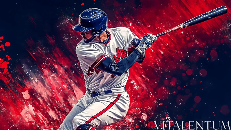 Crimson slugger explodes through abstract storm of motion.