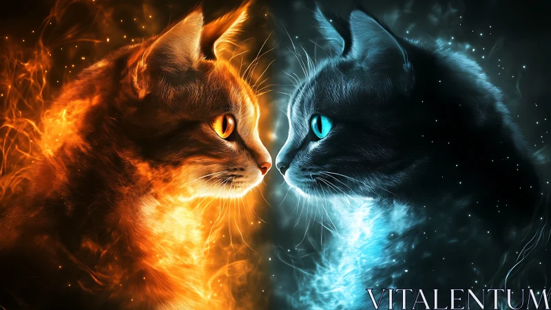 Feline duality composition with opposing fire and ice elements.