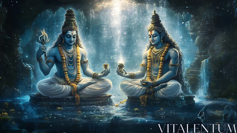 Mystic blue yogis sharing light in a hidden waterfall cave.