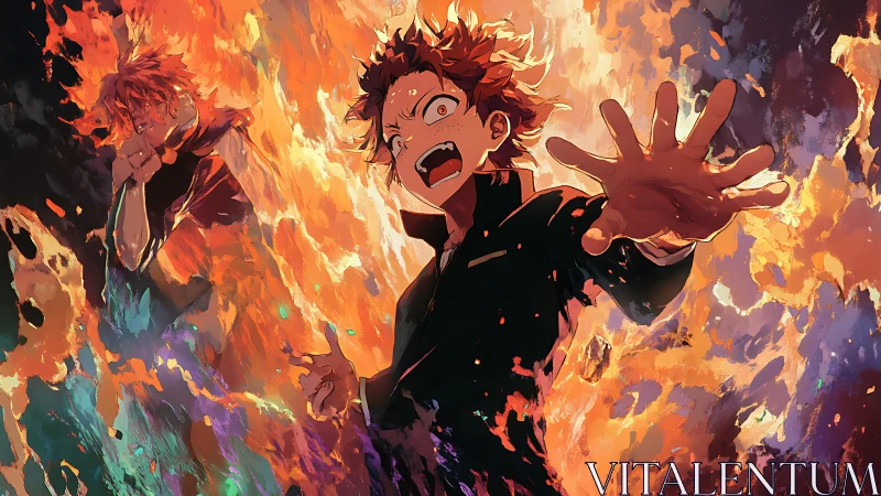 Panicked schoolboy reaches through roaring abstract firestorm