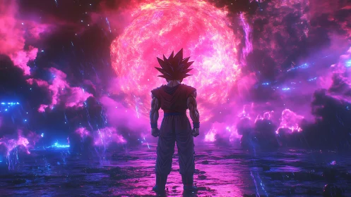 Warrior silhouetted before cosmic neon energy storm.