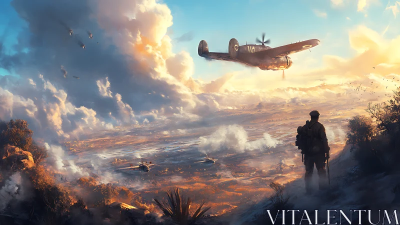 Lone soldier watching brave aircraft cross a glowing sky.