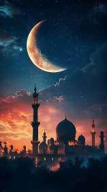 Crescent moon above illuminated mosque skyline at dusk.