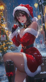 Snowy city street sparkles around festive anime Santa girl.