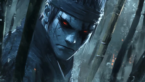Digital painting of vengeful warrior in misted bamboo grove.