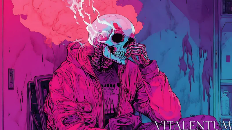 Neon lit skeletal figure exhaling vapor in cyberpunk interior