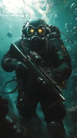 Armored tactical diver advancing through deep water.