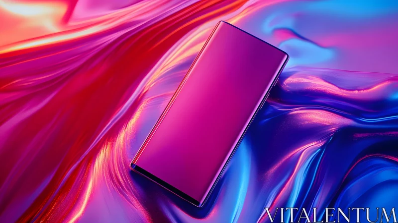 Futuristic smartphone on iridescent fabric with vibrant neon lighting.