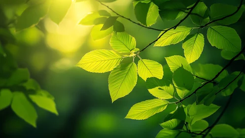 Sunlit Green Leaves on Tree Branches in Soft Focus Nature Style.