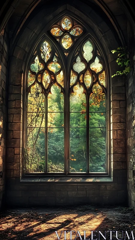 Sunlit forest borrows an old gothic window for a frame
