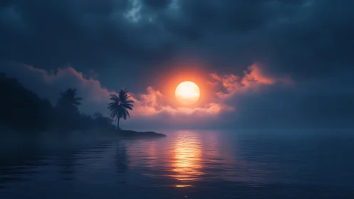 Solitary sun over misted tropical shoreline at dusk.