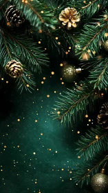 Evergreen branches frame glittered pinecones and baubles
