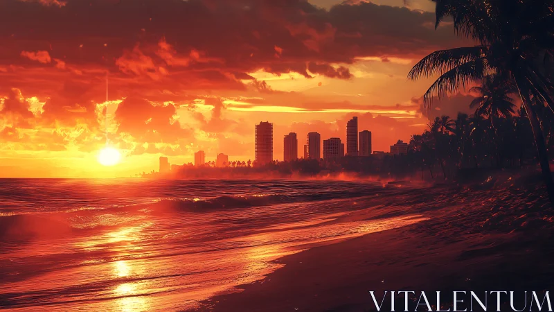 Sunlit city skyline glows above a tranquil tropical shore