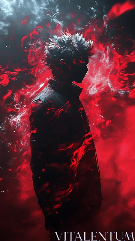 Lone fiery figure wrapped in swirling red and silver mist.