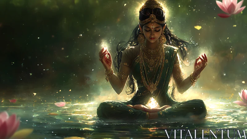 Digital painting of meditative goddess in luminous lotus pool.