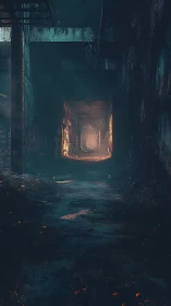 Cinematic corridor receding into fiery haze with noir atmosphere