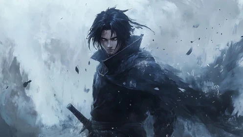 Dark swordsman in storm of blue and gray energy. Period.