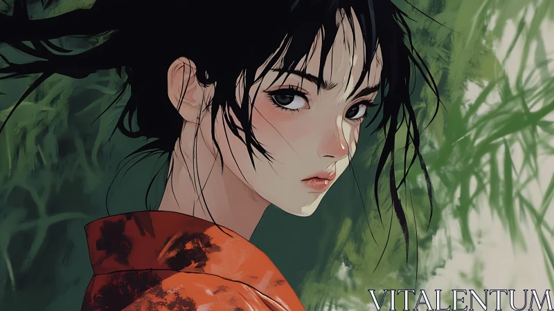 Young woman in red kimono against soft green foliage.