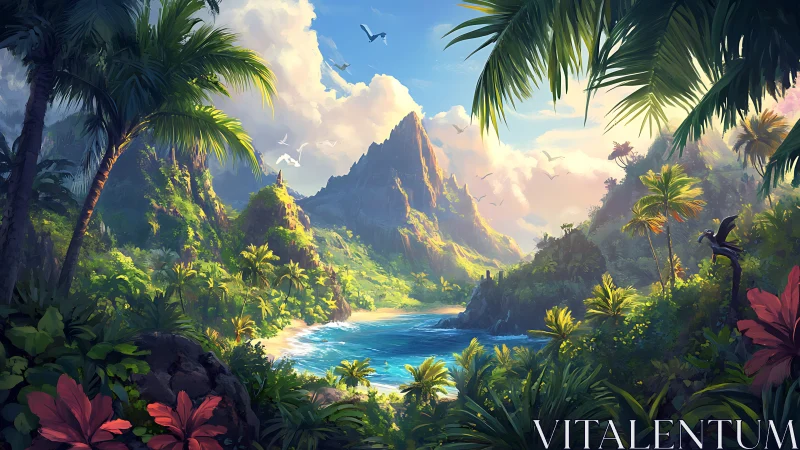 Tropical Island Paradise Valley with Cascading Mountains and Pristine Waters