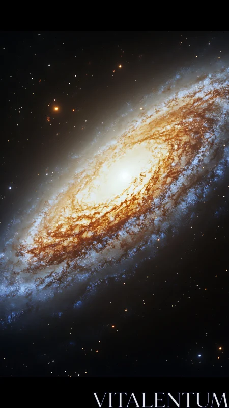 Spiral galaxy glows with dense golden core and blue arms.