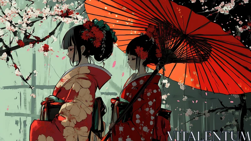 Two women in kimonos under red umbrella and blossoms.