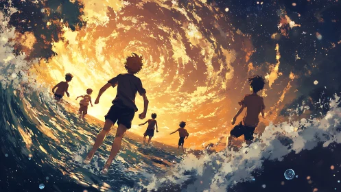 Youth silhouettes race toward swirling cosmic sunset portal.