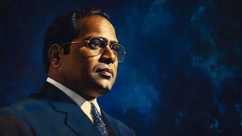 Formal portrait shows suited man in profile against blue field