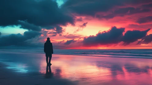 Solitary sunset walk along a glowing watercolor shoreline.