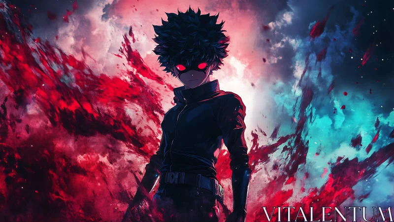 Central figure stands in chromatic energy field with red glow