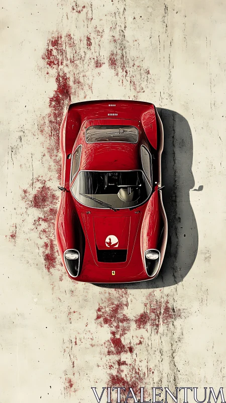 Red vintage race car stands out against weathered concrete.