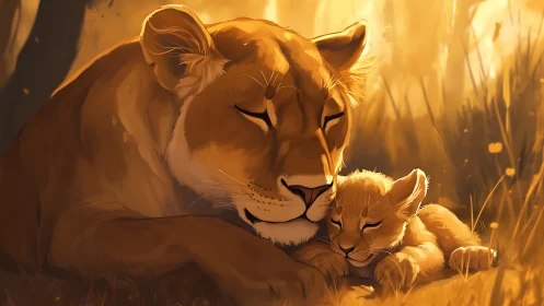 Lioness and Cub in Golden Savanna Light