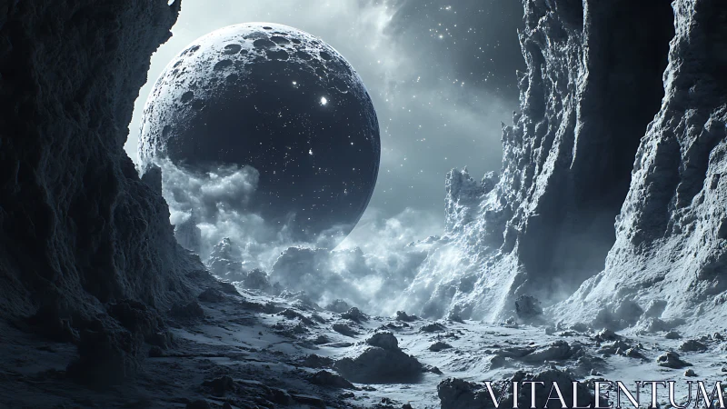 Frozen alien cavern frames a looming celestial sphere.