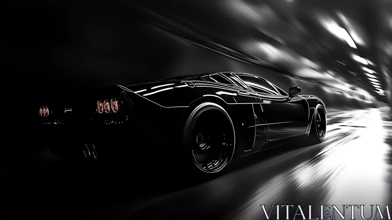 Sleek midnight supercar racing through a glowing tunnel.