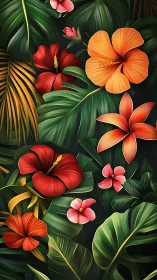 Tropical Hibiscus Garden on Dark Background.