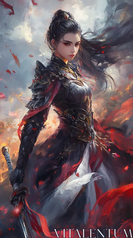 Digital painting of flame-lit warrior heroine in ornate armor.