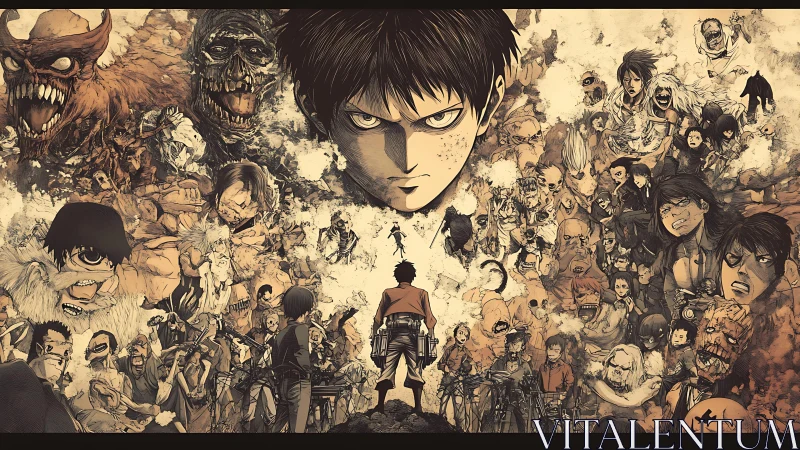 Intense anime collage of central hero and chaotic battle scenes.