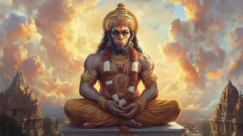 Divine monkey warrior seated before radiant temple sky.
