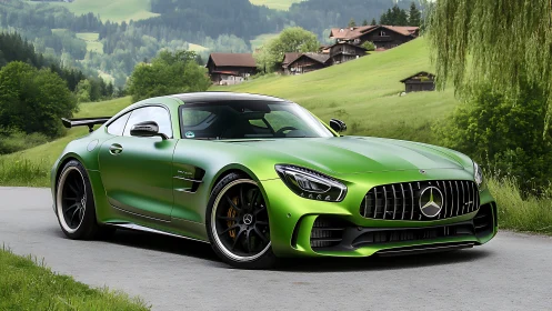 Green performance coupe framed by scenic alpine countryside.