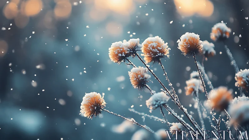 Frost-Kissed Seed Heads Against Snowfall Backdrop.