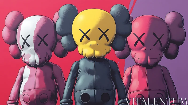 Trio of X-eyed vinyl figures in bold split-color backdrop.