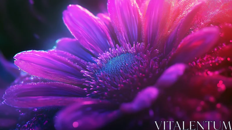 Neon-drenched macro blossom glowing in electric twilight.