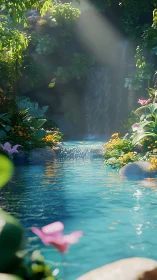 Shaded garden pool with small waterfall and dense foliage.