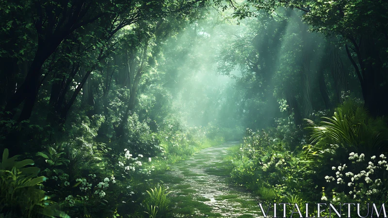 Ethereal Forest Passage Glowing with Celestial Light.