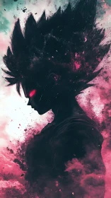 Silhouetted spiky-haired figure amid pink and teal vapor.